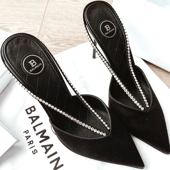 Balmain Crystal-embellished Satin Mules In Black - Picture 1 of 6